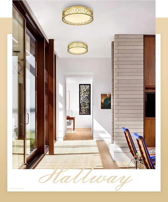 LED Flush Mount Ceiling Light, 12 inch 15W 1100 Lumens Close to Ceiling Light Fixtures, 3000K Warm White, Gold Finish with White Glass Shade, ETL Listed for Kitchen, Hallway, Bedroom