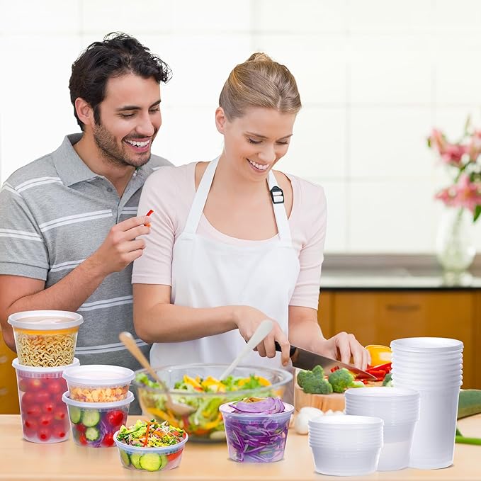 Deli Containers with Lids 48 Sets - Plastic Soup Containers with Lids 8oz, 16oz, 32oz - Take Out Container for Restaurant, Food Container with Leakproof, Microwave/Freezer/Dishwasher Safe