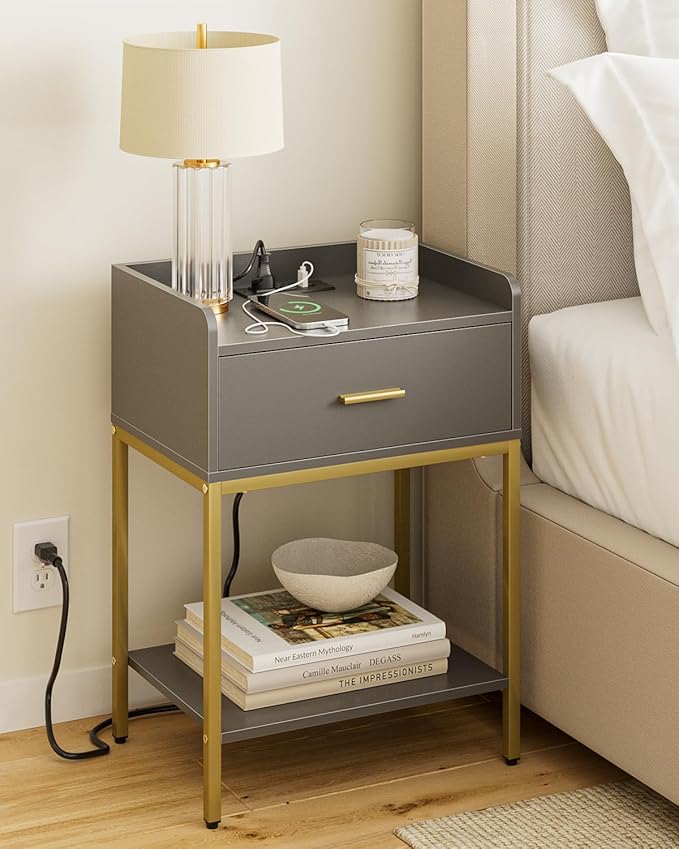 Nightstand with Charging Station,3-Tier Bedside Table for Small Space,Modern Night Stand with Storage Drawer and Shelf,Small Side Table for Bedroom,Living Room,Gray