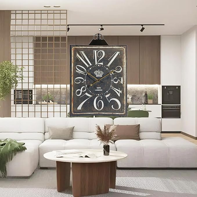 Vintage Bronze Metal Wall Clock, Large Retro Wall Decor Rectangular Silent Non Ticking Clock for Living Room Decor, Kitchen, Bedroom, Study Decoration, Handmade Home Gift Idea