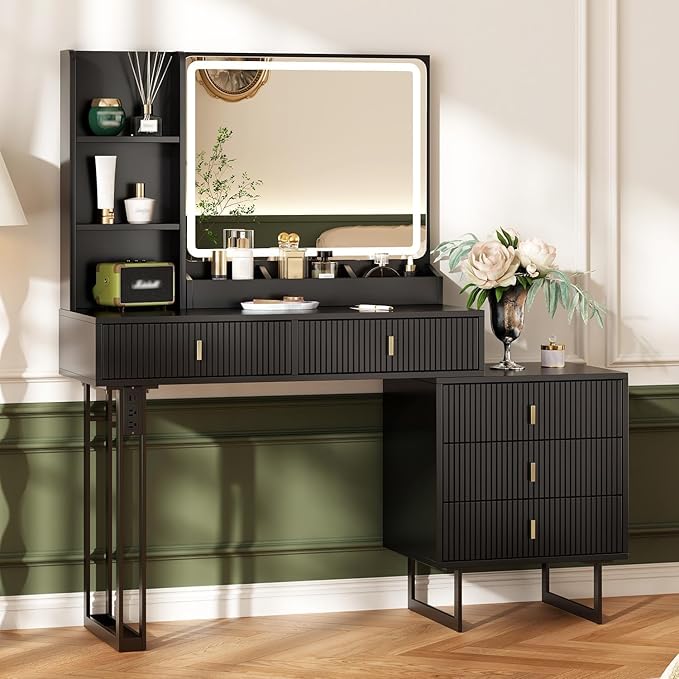 Large Vanity Desk with 3 Color Touch Screen Dimming Mirror, Vanity Desk with Charging Station, Modern Retractable Makeup Dressing Table, Makeup Table With storage shelves and 5 Sliding Drawers, Black