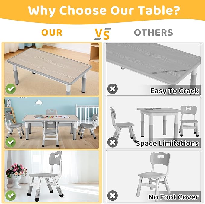 Arlopu Kids Table and 4 Chair Set, Height Adjustable Toddler Table and Chair Set, Non-Slip Legs, Graffiti Desktop, Large Children Activity Table, Reading Daycare Classroom Home (Grey)