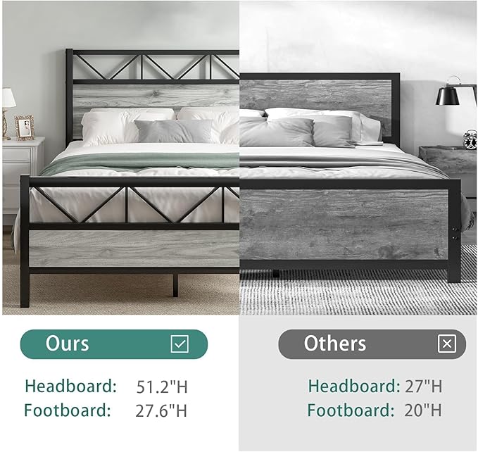 Queen Bed Frame with Headboard, Industrial 51.2" Tall Headboard, Queen Platform Bed Frame with Heavy Duty Metal Slats Support, No Box Spring Needed, Noise-Free, Easy Assembly, Wash Grey