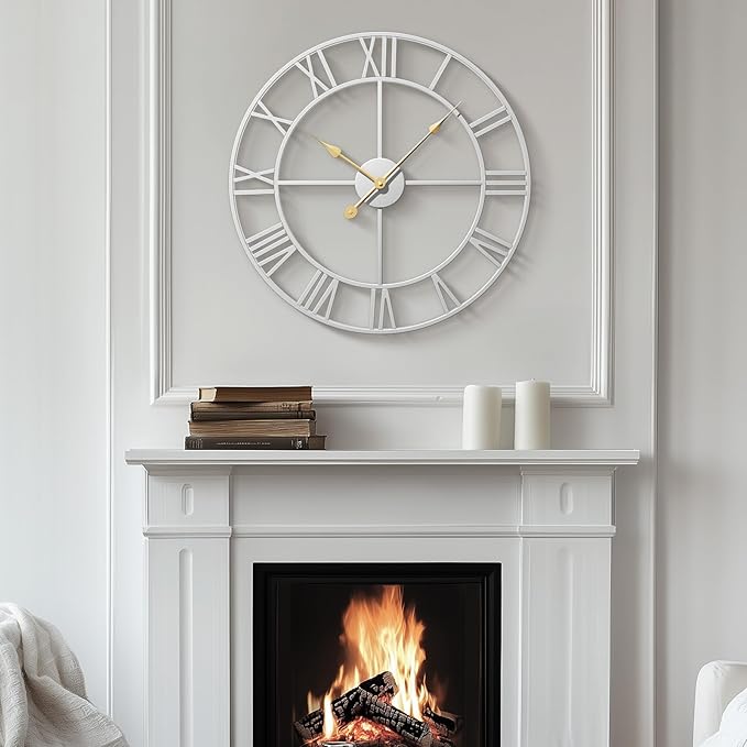 Silver Wall Clock for Living Room Decor, 24 Inch Large Metal Wall Clock Modern Luxury Roman Numeral Analog Battery-Operated Round Decorative Clocks for Bedroom, Kitchen, Office