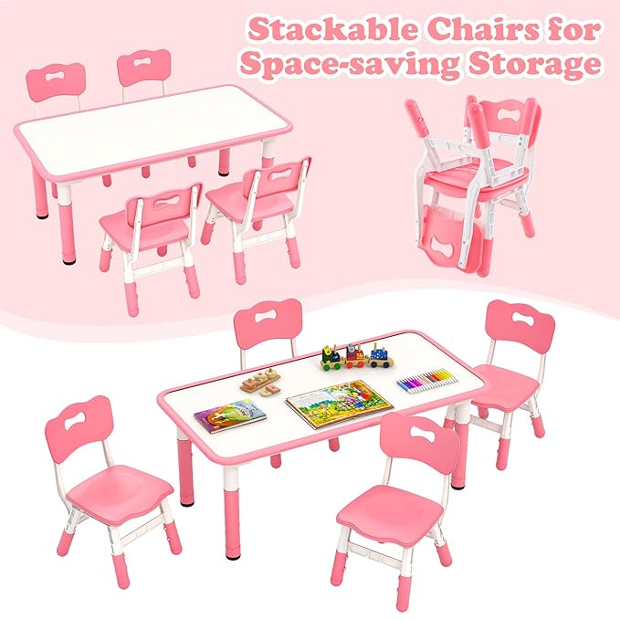 INFANS Kids Table and Chiar Set, Height Adjustable Toddler Desk and 4 Chairs with Graffiti Desktop Non-Slip Legs, Large 47" L x 23.5" W Multi-Activity Art Table for Daycare Classroom Home (Pink)