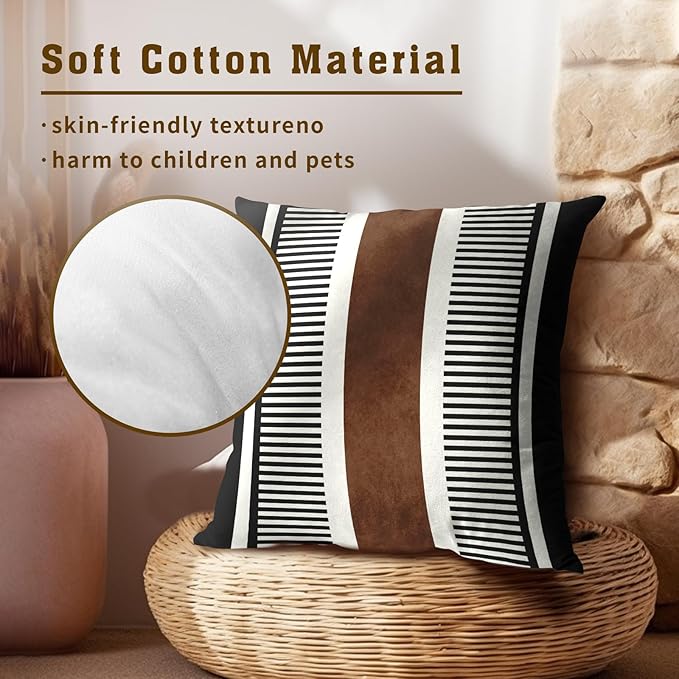 Kawani Boho Decorative Throw Pillow Covers 24x24 Inch Black White Brown Stripe Pillow Covers Set of 2 Farmhouse Rustic Decorative Pillows Modern Geometric Pillow Cases for Couch Decor