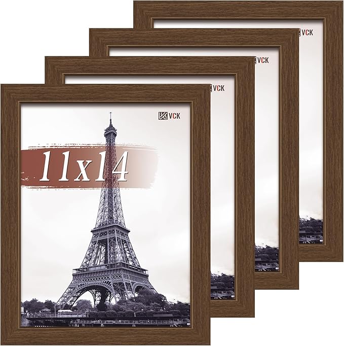 VCK 11x14 Picture Frame Set of 4 - Brown, Gallery-Quality Wood Poster Frames, 1.1-Inch Wide Border, Polished Plexiglass, Vertical or Horizontal Wall Display for Photo/Art/Prints, Brown