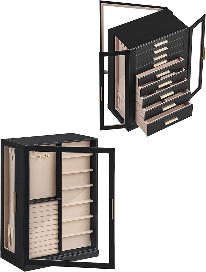 360° Rotating Jewelry Box with 9 Drawers, Spacious Vertical Jewelry Organizer with Glass Window, Jewelry Storage Case, Dustproof & Moisture-resistant Design, Black