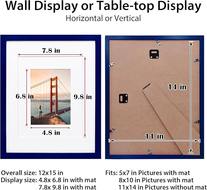 KINLINK 11x14 Picture Frame Navy, Solid Wood Frames with Acrylic Plexiglass for Pictures 5x7/8x10 with Mat or 11x14 without Mat, Tabletop and Wall Mounting Display, Set of 4