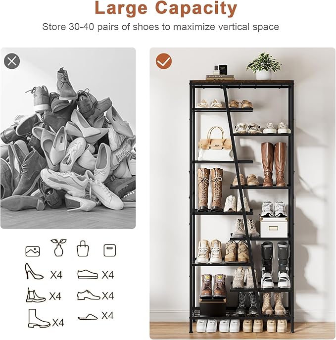 Shoe Rack, 10 Tier Boot Rack, Wooden Storage Organizer for Tall Boots, Large Capacity Metal Shoe Shelf Holds 17-20 Pairs of Shoes, Durable and Stable, for Entryway, Closet, Rustic Brown