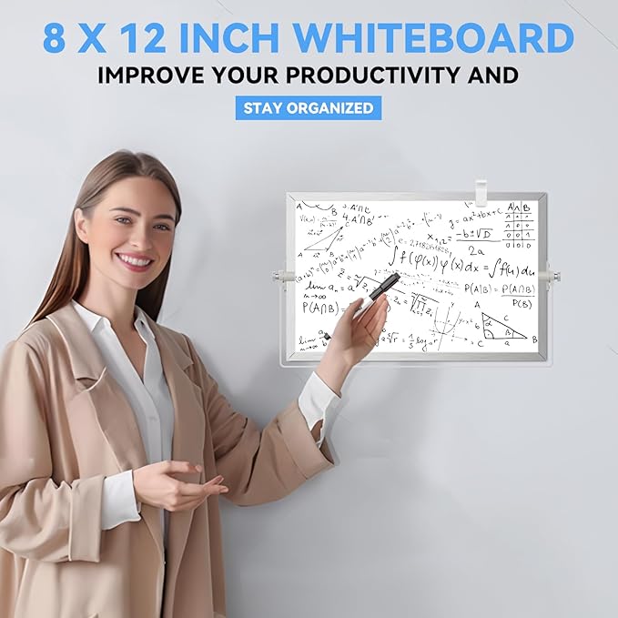 Dry Erase White Board, Cazeyoo Magnetic Desktop Whiteboard 8 x 12inch with Stand, 8 Markers, 4 Magnets and 1 Eraser, Portable Double-Sided White Board for Kids Drawing, Office, Home, School