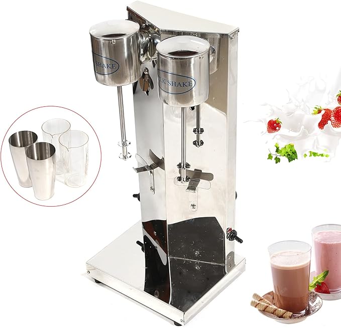 Electric Milkshake Maker, Commercial Stainless Steel Milk Shake Machine, Drink Mixers, 18000r/min & 650ml/Cup, Smoothie Milk Foam Tea Mixer Blender + 2 PP Cups, 180W 110V (2 Head)