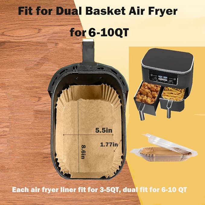 100 Pcs Air Fryer Parchment Paper Liners,8.6X5.5 In Rectangle Air Fryer Liners Disposable for Dual Basket 6-10 QT, DZ201-DZ401-DZ071 Air Fryer Frying,Baking,Roast