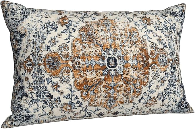 Gold Blue Boho Throw Pillow Covers 12x20 Set of 2, Carpet Pattern Pillow Covers Ethnic Rustic Farmhouse Cushion Cases Linen Decorative Gifts for Couch Sofa Indoor Outdoor