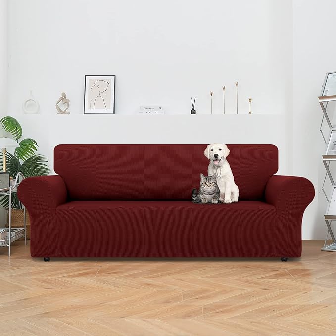 LURKA Stretch Sofa Slipcovers 1 Piece Couch Covers for 3 Cushion Couch Sofa Furniture Protector Full Sofa Covers with Elastic Bottom for Kids and Dog (Large, Dark Red)