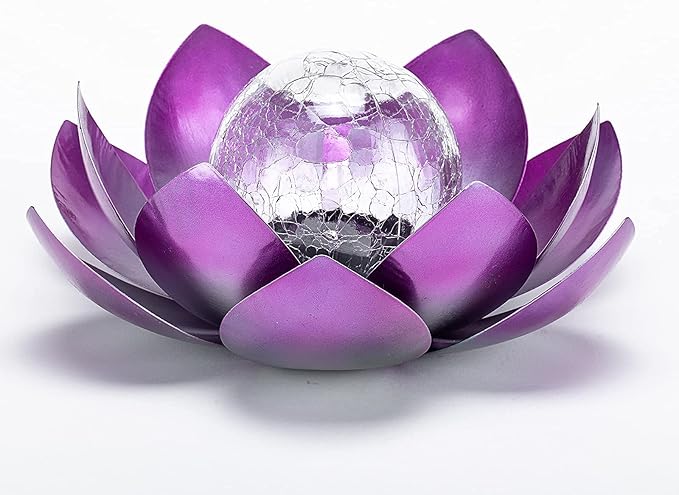 Huaxu Solar Lights Outdoor Decor Purple Lotus Waterproof LED Crackle Globe Glass Metal Flower Decorations for Garden Patio Yard Porch Pathway Ground Tabletop