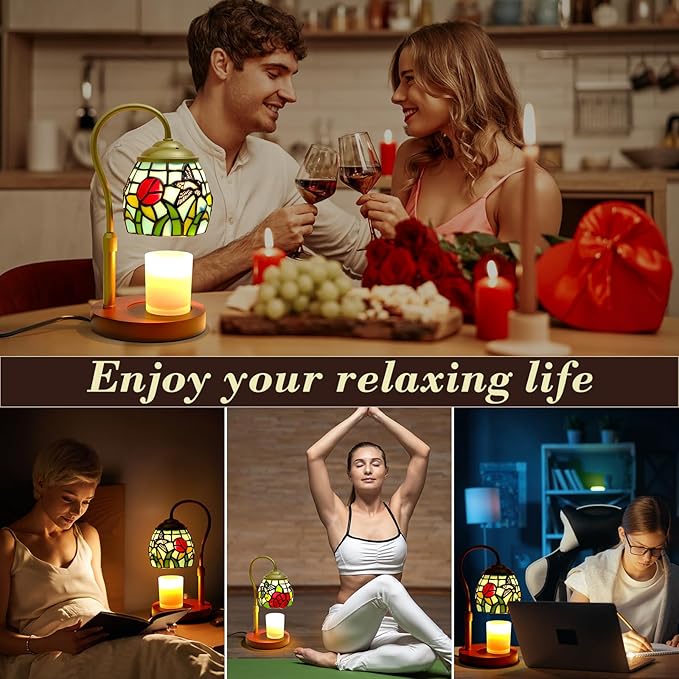 Candle Warmer Lamp with Timer Dimmer, Adjustable Height Candle Warmer for Jar Candles, Birthday Gifts for Women New Home Bedroom Decor Tiffany Hummingbird Style Stained Glass with 2 Bulbs