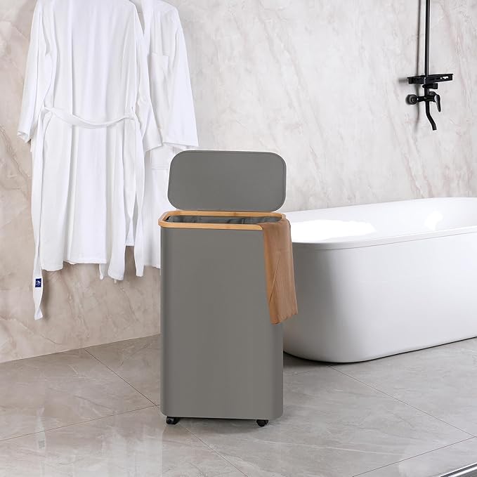 efluky Slim Laundry Basket with Wheels, Narrow Rolling Laundry Hamper with Lid and Removable Bag, Tall Aesthetic Dirty Clothes Hamper on Wheels for Laundry Room, Bedroom, Dorm and Bathroom, 75L Grey
