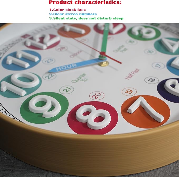 Wall Clocks,Learning Time Clock,12 Inch 3D Numbers Colorful Clock Face Silent Clocks,Clear Digital Wall Clock(3D Wood Color Classic)