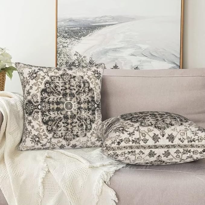 Boho Throw Pillow Covers 16x16 Set of 2, Black Brown Carpet Pattern Pillow Covers Ethnic Rustic Farmhouse Cushion Cases Linen Decorative Gifts for Couch Sofa Indoor Outdoor