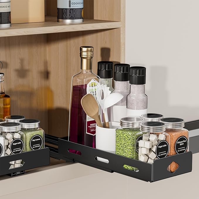 Pull Out Spice Rack Organizer for Cabinet, Heavy Duty-Slide Out Spice Rack, Vertical Spice Rack for Kitchen Cabinet and Pantry (4.2''Wx10.5''Dx2.8''H, Metal Black)