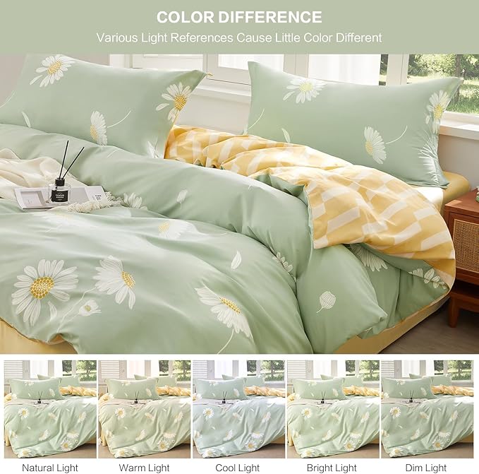 SAPHREAS White Daisy Floral Duvet Cover Set Twin Size 2pcs Light Green Bedding Comforter Cover Set 100% 1 Duvet Cover 68"x90" 1 Pillow Sham, Comforter Not Included