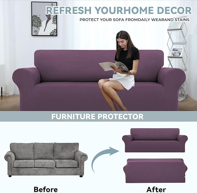 LURKA Stretch Sofa Slipcovers 1 Piece Couch Covers for 3 Cushion Couch Sofa Furniture Protector Full Sofa Covers with Elastic Bottom for Kids and Dog (Large, Purple)