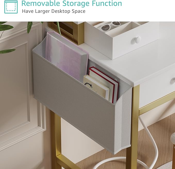 White Makeup Vanity Desk with Lights - 40 inch Girls Vanity Set with Mirror and Chair, Make Up Dresser Table with Drawers and Power Outlet for Bedroom Small Space, White and Gold