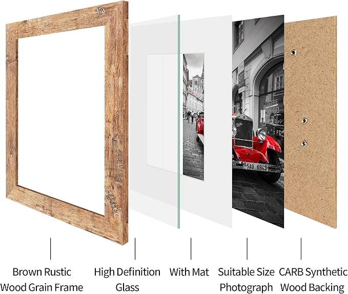 11x14 Picture Frame Set of 4, High Definition Tempered Glass 11 x 14 Photo Frames for Wall Mounting(Distressed White+Oak+Rustic Brown+Black)