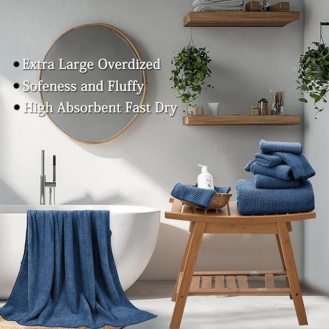 8-Piece Navy Bath Towels Set,2 Oversized Large Bath Towels Sheet,2 Hand Towels and 4 Washcloths - 600 GSM Soft Luxury Towel Set,Highly Absorbent Quick Dry Towel Collection for Bathroom,Hotel and Spa