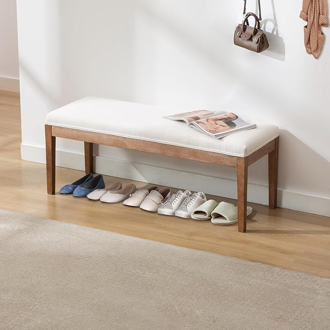 Linen Dining Bench Upholstered Entryway Bench Farmhouse Shoe Bench Seat Ottoman for Hallway Living Room Bedroom End of Bed Dining Room Kitchen, 45.5" Long, Beige
