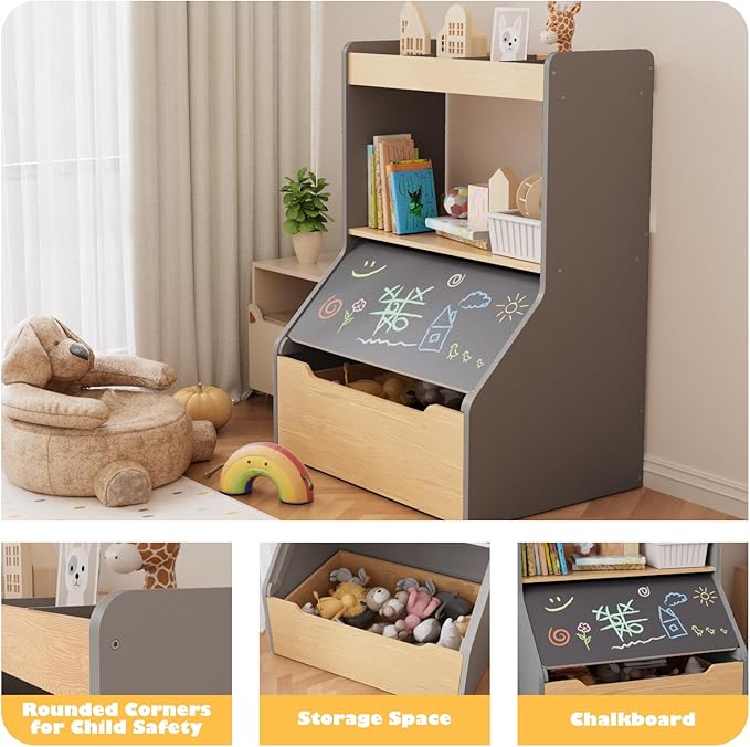 KORIMEFA 37.4" Tall Toy Box & Chalkboard Lid Wood Toddler Bookcase and Kid Toy Storage Bin & Organizer, Gray