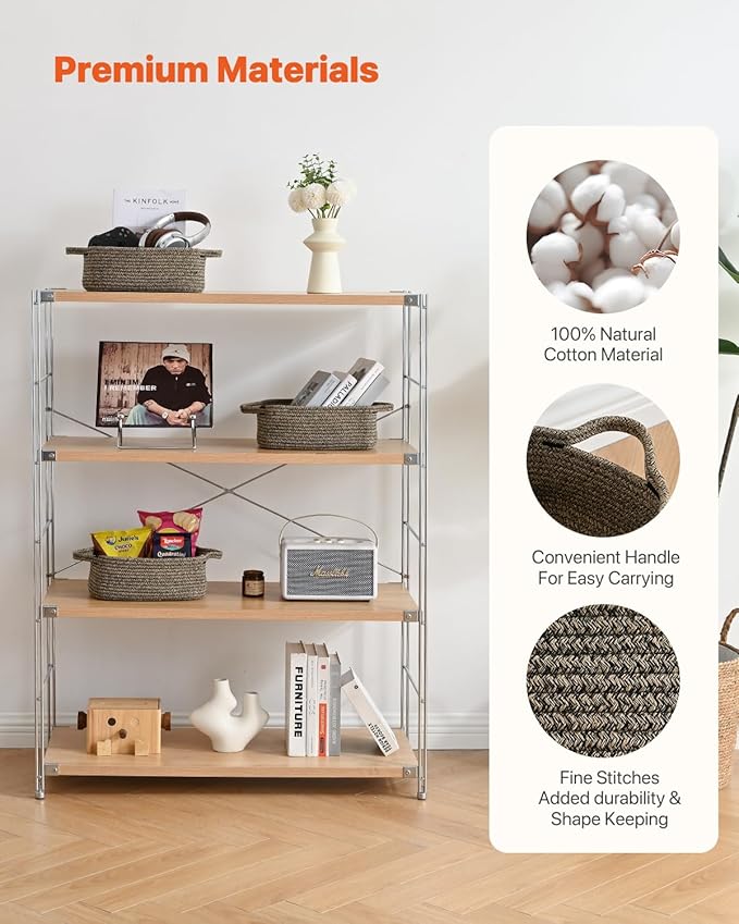 KALLAX Small Woven Basket, 12 x 8 x 4.5 Inches, Small Storage Baskets for Organizing, Gift Baskets Empty, Cute Rope Shelf Closet Storage Bins for Shelves, Dog Toy Basket, 3 Packs, Black & Brown Mixed