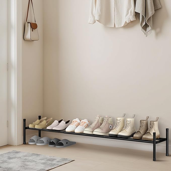 STORAGE MANIAC Long Expandable Shoe Rack, 6 Pairs Metal Wide Stackable Shoe Rack, Adjustable Shoes Shelf, Freestanding Shoes Organizer for Closet, Entryway, Hallway, Garage, Front Door, 1 Tier