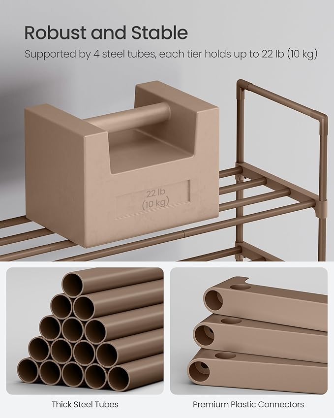 SONGMICS Shoe Rack, 3-Tier Shoe Organizer, Metal Storage Shelf, Upright or Upside Down, for 16-20 Pairs, Stackable, for Entryway, 11.8 x 36.2 x 21.7 Inches, Walnut Brown ULSA303K01