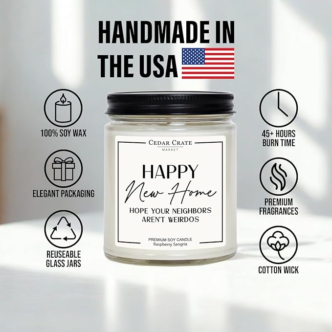 Cedar Crate Market House Warming Gifts New Home – Funny New Homeowner Candle for Women & Men, First Apartment Essentials, Closing Gift for Home Buyers – Raspberry Sangria Soy Candle, Made in USA