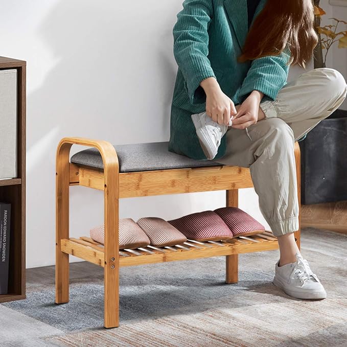 Giantex Small Entryway Bench with Storage, 2-Tier Bamboo Shoe Rack Bench with Flip Top Storage Space and Padded Cushion, Shoe Organizer for Entryway, Living Room, Hallway, Bedroom,Natural