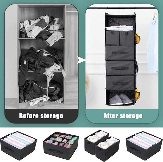 6-Shelves Hanging Closet Organizer with 5 Different Drawers, Foldable Closet Organizers and Storage for Wardrobe, Closet& RV, Clothes and Accessories Storage, Non-Woven Fabric, Black
