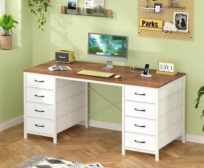 50 Inch Computer Desk with 8 Drawers, Home Office Desk with Power Outlets, Work Study Gaming Desk with 8 Fabric Drawers, Brown and White