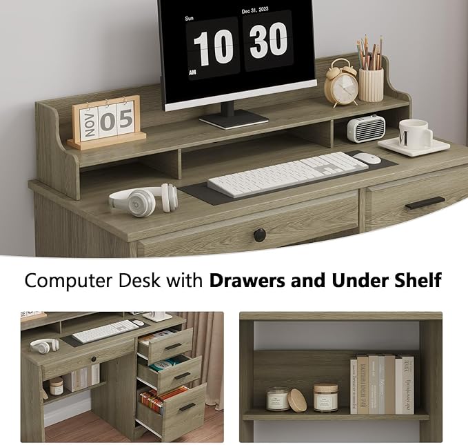 4 EVER WINNER Computer Desk with Drawers, Farmhouse Home Office Desk with Monitor Stand and File Drawer, Wood Simple PC Desk with Storage, Writing Desk for Bedroom, Grey