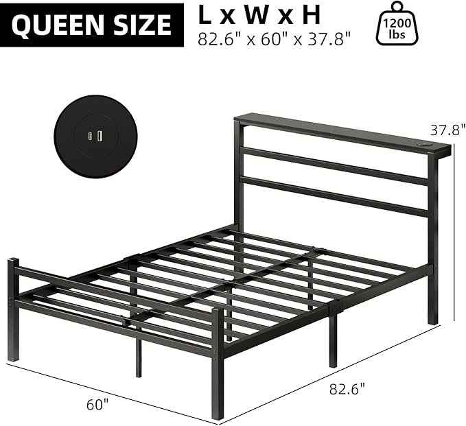Queen Size Bed Frame with LED Lights, Metal Platform Bed Frame with Storage Headboard, Bed Frame Queen Size with Charging Station, Heavy Duty Metal Slat, No Box Spring Needed, Easy Assembly, Black