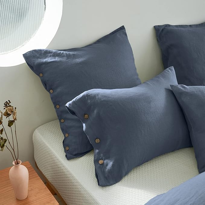 Simple&Opulence 100% Washed Linen Euro Sham Cover, 26 x 26 Inch, Decorative Bed Pillow Cover with Coconut Button, Solid Color Pillow Shams Set of 2 (Classic Blue)