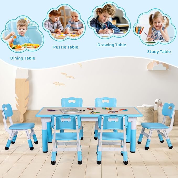 Arlopu Kids Table and 6 Chairs Set, Height Adjustable Graffiti Desk, Preschool Activity Art Craft Table, for Daycare Classroom Home Boys and Girls Age 3-12 (Blue)
