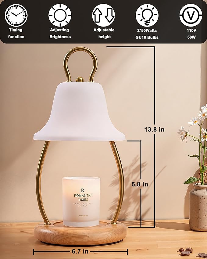 Candle Warmer Lamp with Timer & Dimmer - Electric Candle Light Warmer for Jar Candles, Adjustable Brightness, 2 Replacement Bulbs Included (White)