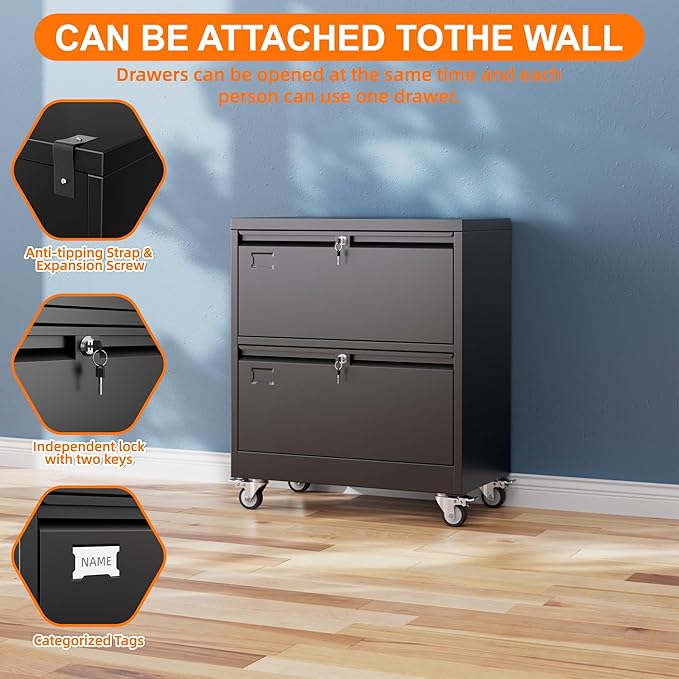 Aobabo Metal 2 Drawer Lateral File Mobile Cabinet with 2 Lock, Flie Cabinet with Wheels and Adjustable File Bars for Office,Home, for Letter/Legal Size, Black, Assembly Required