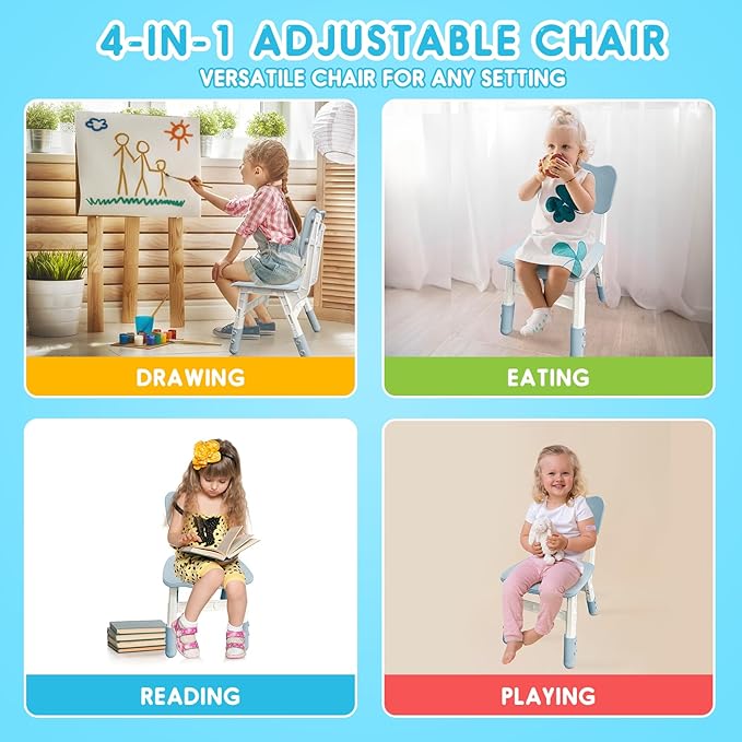 Kids Height Adjustable Toddler Chair Max Load 220LBS Plastic Indoor Outdoor for Children Age 1-6 School Home Daycare Use Bluegrey