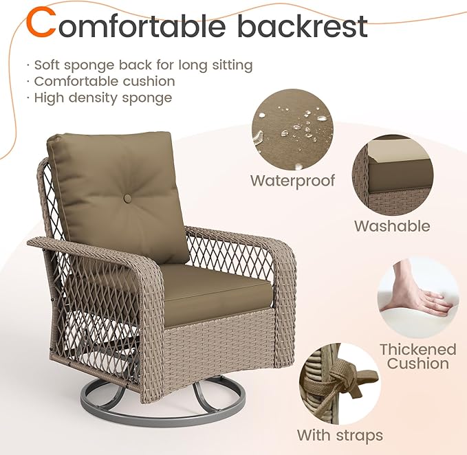 UDPATIO Patio Furniture Set 360 Swivel Chair 3 Piece Patio Set Wicker Outdoor Chair with Coffee Table for Yard, Bistro, Balcony