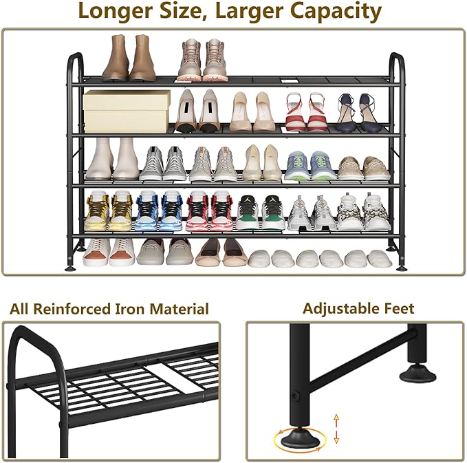 LINZINAR Shoe Rack Long 4 Tier Shoe Storage Organizer Metal Wide Shoe Shelf for Closet Entryway Bedroom 24 Paris Large Capacity, Gold Black