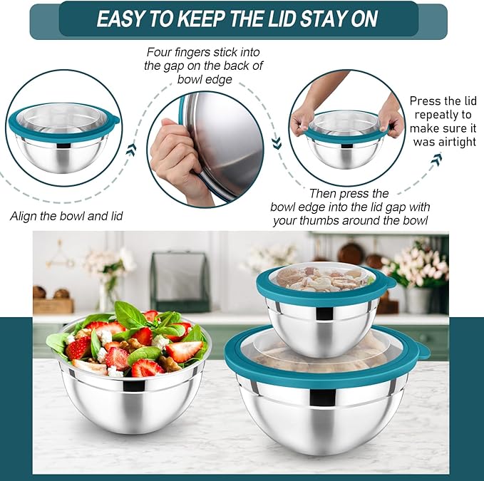 P&P CHEF Mixing Bowl with Lid Set of 7, Stainless Steel Nesting Salad Bowls for Cooking Serving Prepping, Clear Lids & Stackable Design, Size 4.6, 3.5, 3, 2, 1.5, 1, 0.7 Qt - Blue