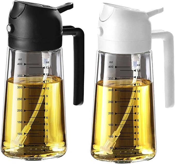TrendPlain 16oz/470ml Glass Olive Oil Sprayer for Cooking – 2 in 1 Olive Oil Dispenser Bottle for Kitchen Gadgets and Air Fryer Accessories, Salad, BBQ - Black & White